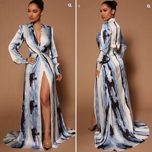 NOVALUXE STUNNING Reign Maxi Satin Fairy Romantic Dress Front‎ Slit Sz XL Deep V